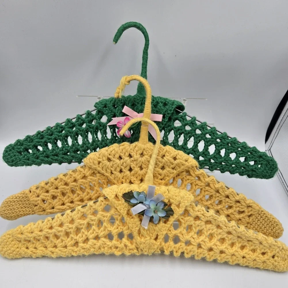 Crochet Knitted Hangers Grannycore Chic Lot of 3 VTG Handmade CountryCore Cottag